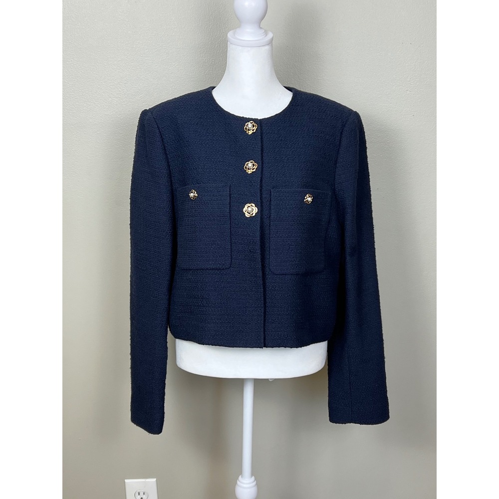 Ann Taylor Navy Blue Tweed Cropped Jacket Gold Pearl Flower Button Size 10